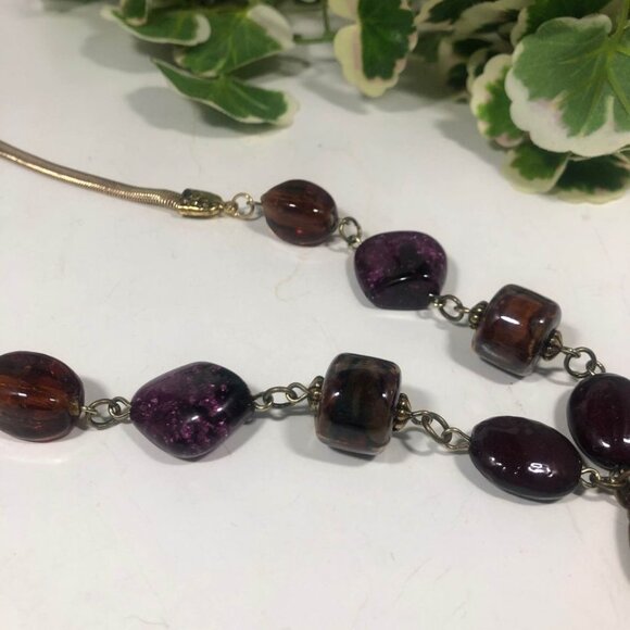 Burgundy Gold Tone Pendant Necklace Purple Glass Beads Boho Statement 22 inch - Picture 5 of 7